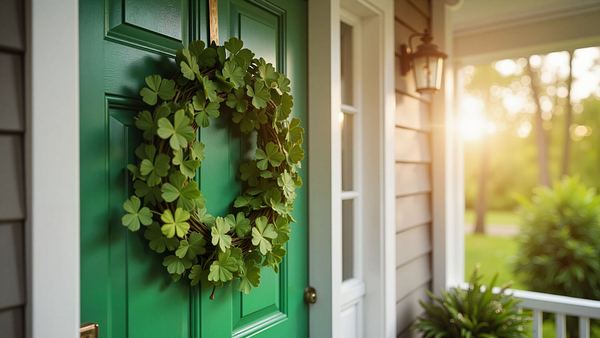Türkranz aus Glücksklee hängt an einer grünen Haustür - Foto: Dmitrii Suslov / AdobeStock