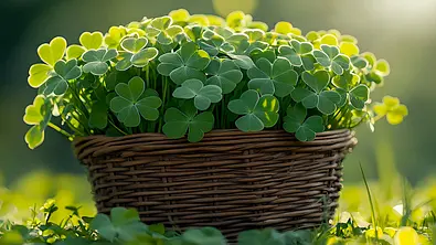 Geflochtener Korb voller Glücksklee auf einer Wiese - Foto: Yuliia / AdobeStock (generiert mit KI)