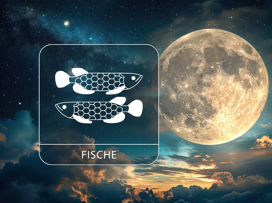 Ein magischer Vollmond umgeben von Sternen und Wolken neben dem Sternzeichen Fische
