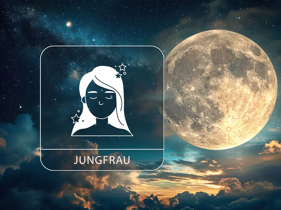 Ein magischer Vollmond umgeben von Sternen und Wolken neben dem Sternzeichen Jungfrau