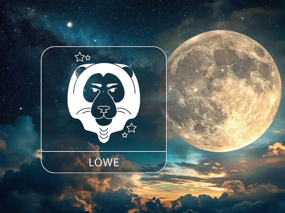 Ein magischer Vollmond umgeben von Sternen und Wolken neben dem Sternzeichen Löwe