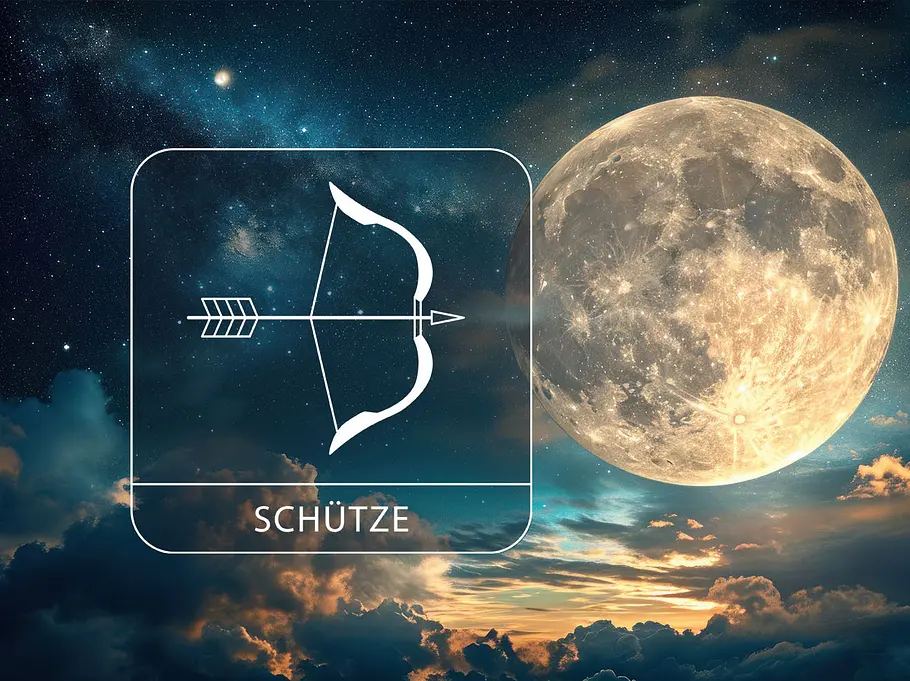 Ein magischer Vollmond umgeben von Sternen und Wolken neben dem Sternzeichen Schütze