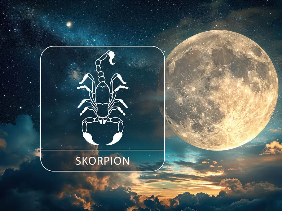 Ein magischer Vollmond umgeben von Sternen und Wolken neben dem Sternzeichen Skorpion