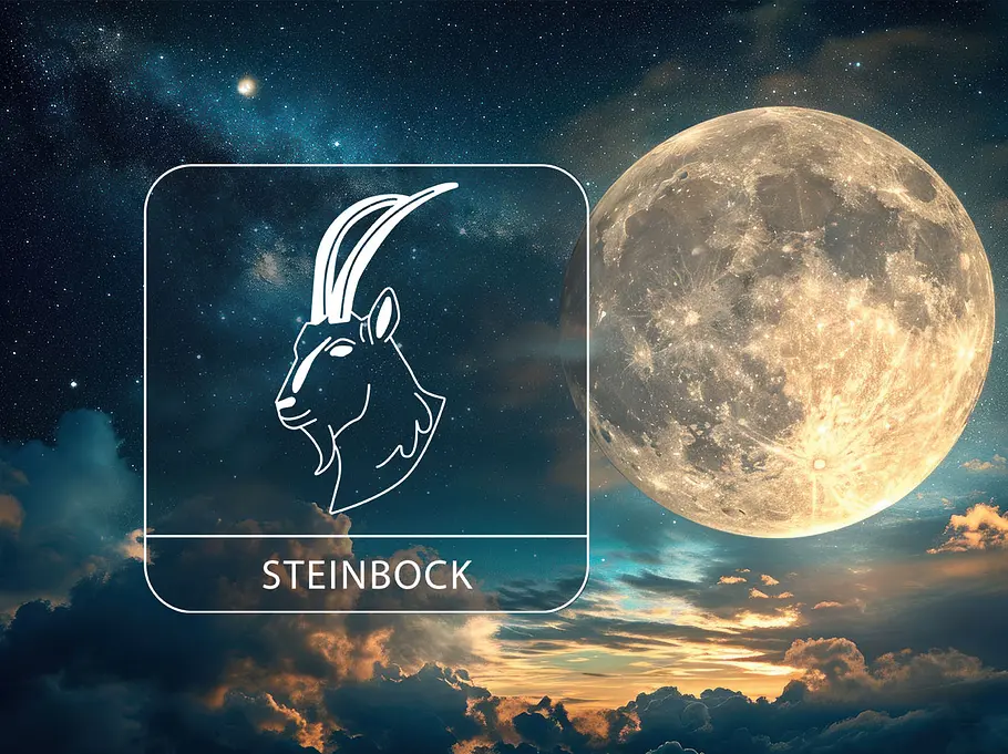 Ein magischer Vollmond umgeben von Sternen und Wolken neben dem Sternzeichen Steinbock