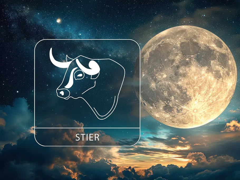 Ein magischer Vollmond umgeben von Sternen und Wolken neben dem Sternzeichen Stier