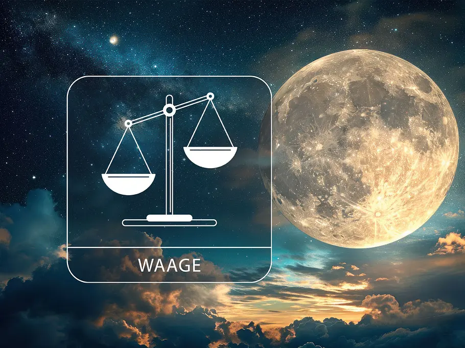 Ein magischer Vollmond umgeben von Sternen und Wolken neben dem Sternzeichen Waage