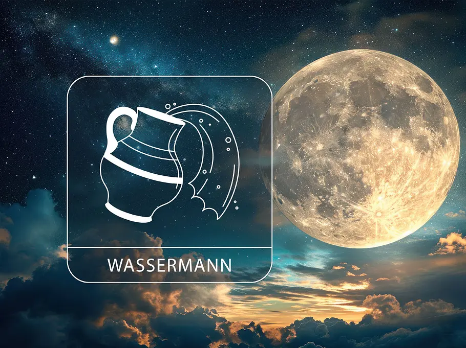 Ein magischer Vollmond umgeben von Sternen und Wolken neben dem Sternzeichen Wassermann