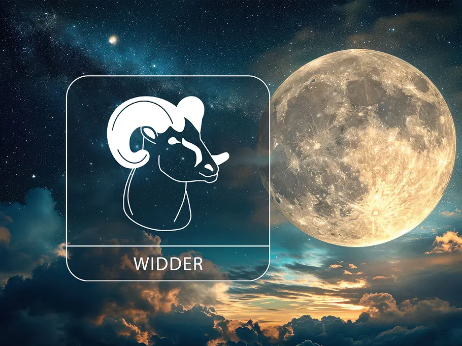 Ein magischer Vollmond umgeben von Sternen und Wolken neben dem Sternzeichen Widder