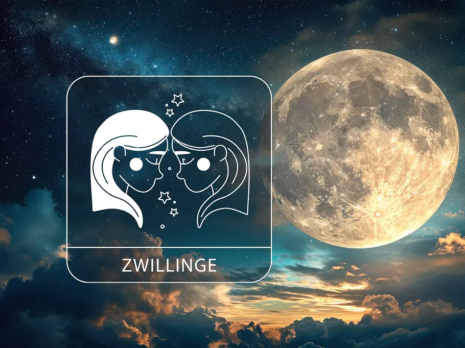 Ein magischer Vollmond umgeben von Sternen und Wolken neben dem Sternzeichen Zwillinge