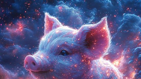 Kleines Schweinchen vor Galaxie-Hintergrund in Blau- und Rosatönen - Foto: Adobe Stock/Adrian (generiert mit KI)