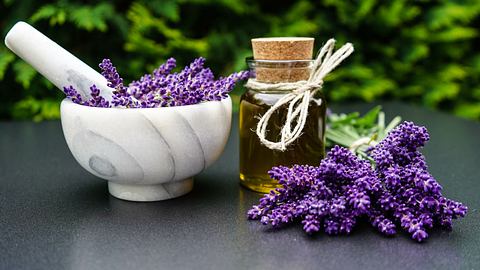 Lavendelblüten und Lavendelöl auf einem Gartentisch - Foto: Steidi/ Adobestock