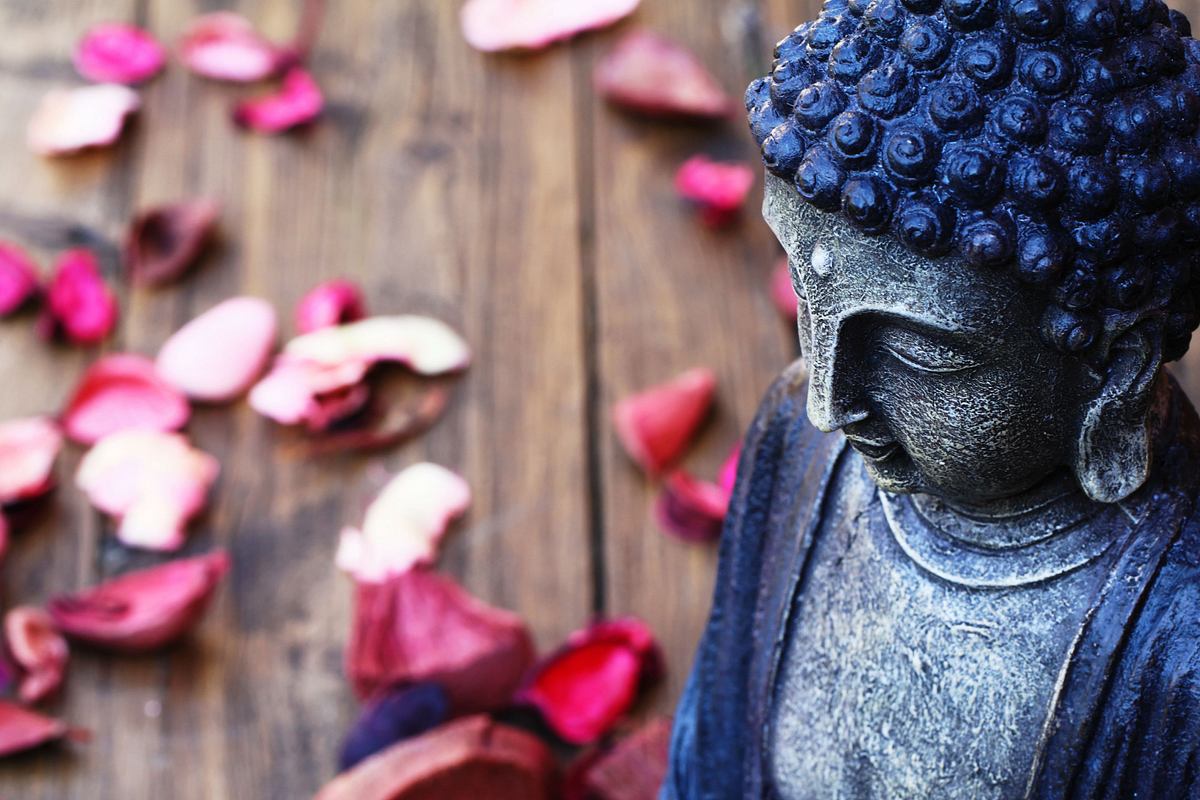Buddha-Figur in Nahaufnahme mit Blütenblättern im Hintergrund
