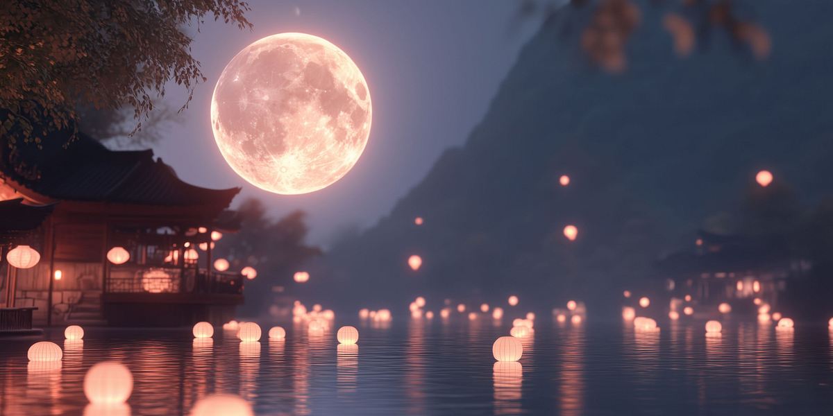 Vollmond steht über einem See mit Laternen