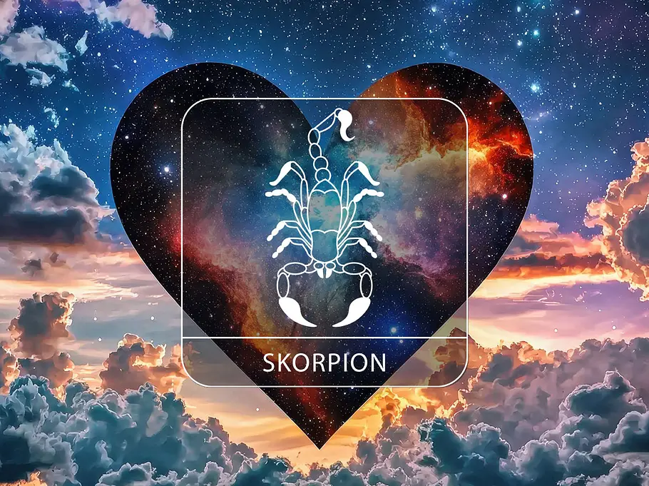 Sternzeichen Skorpion vor einem kosmischen Herz an einem Wolkenhimmel