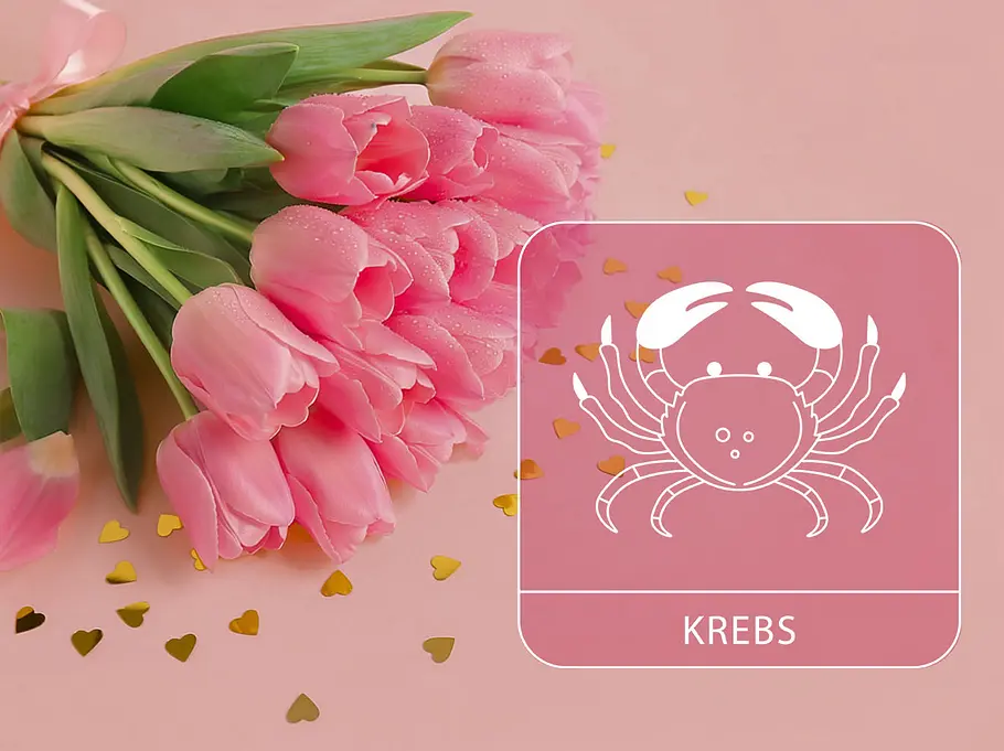 Sternzeichen Krebs neben einem pinken Tulpenstrauß vor einem pinken Hintergrund