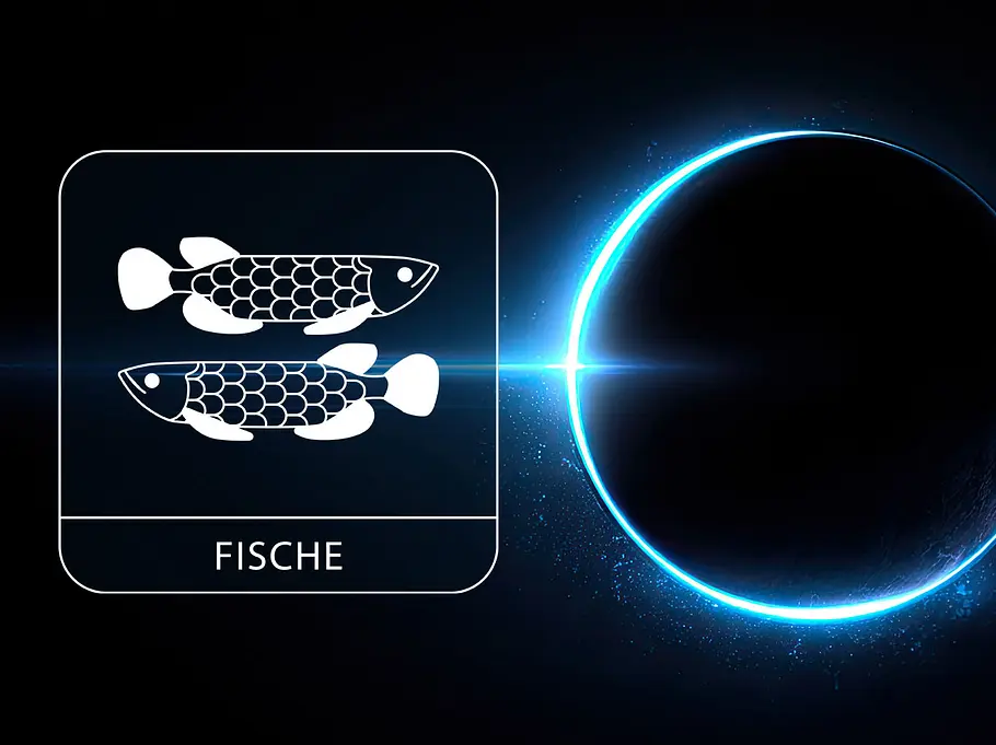 Sternzeichen Fische neben einem kosmischen leuchtend blauen Kreis vor einem schwarzen Hintergrund