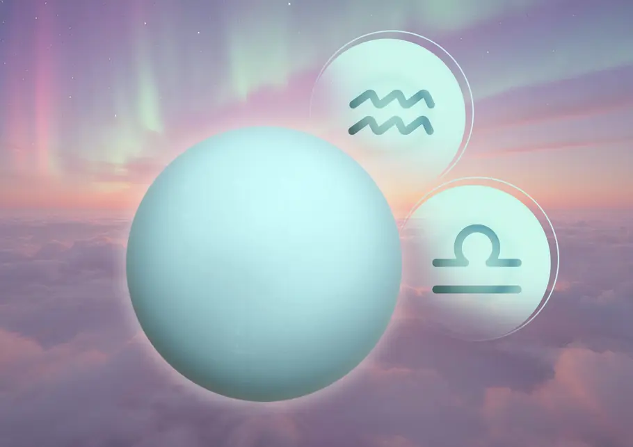 Planet Uranus vor einer Wolkenwild mit den Symbolen für die Sternzeichen Waage und Wassermann