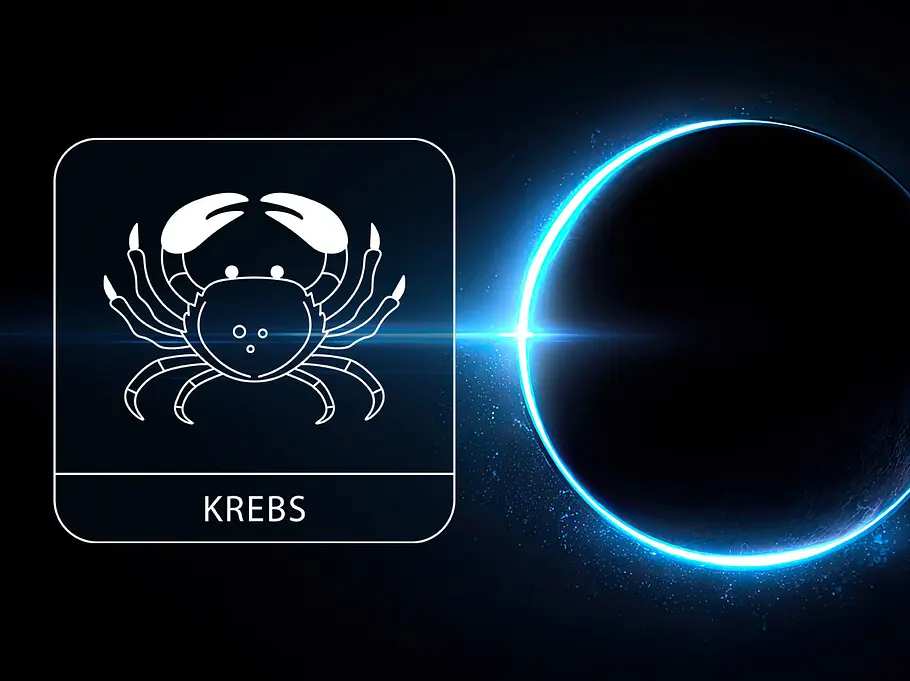 Sternzeichen Krebs neben einem kosmischen leuchtend blauen Kreis vor einem schwarzen Hintergrund