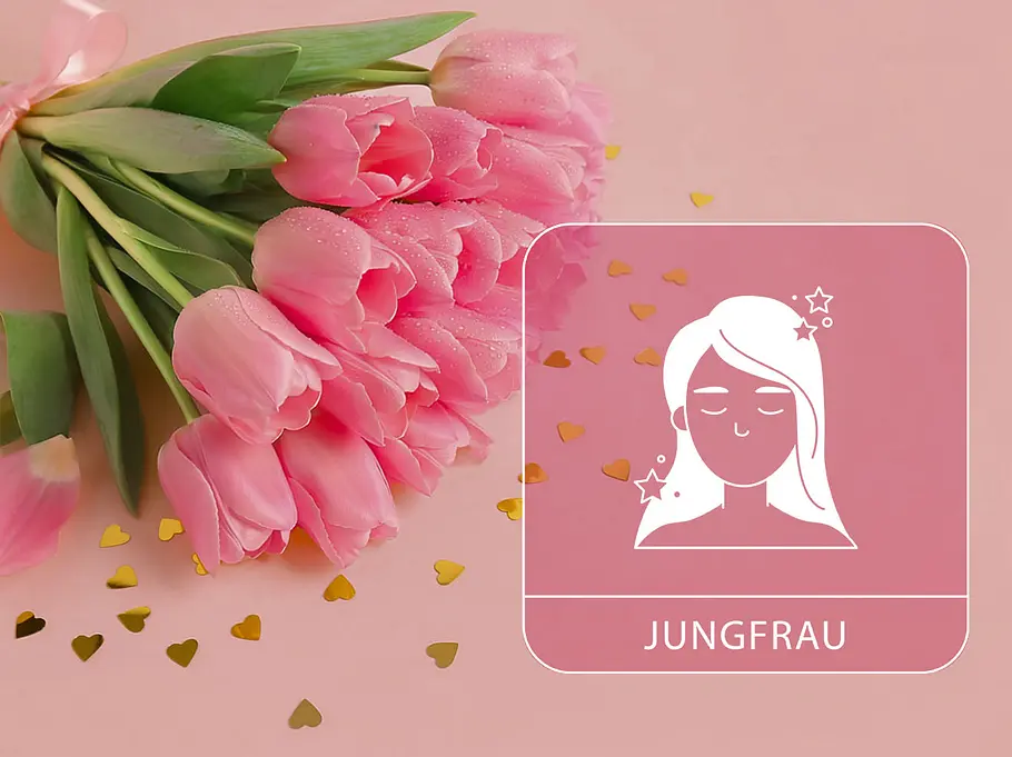 Sternzeichen Jungfrau neben einem pinken Tulpenstrauß vor einem pinken Hintergrund