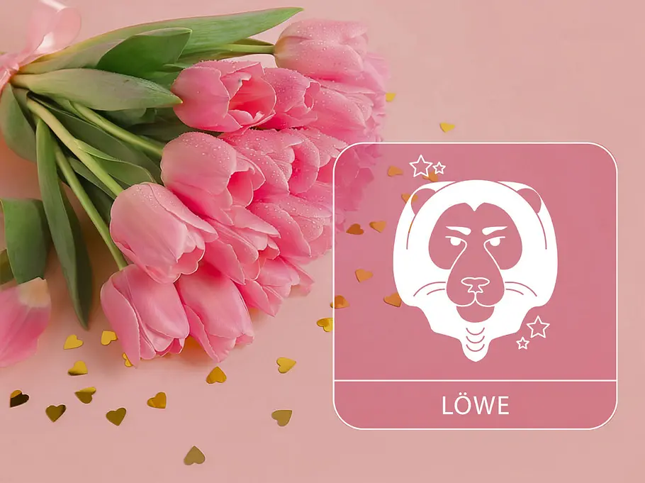 Sternzeichen Löwe neben einem pinken Tulpenstrauß vor einem pinken Hintergrund
