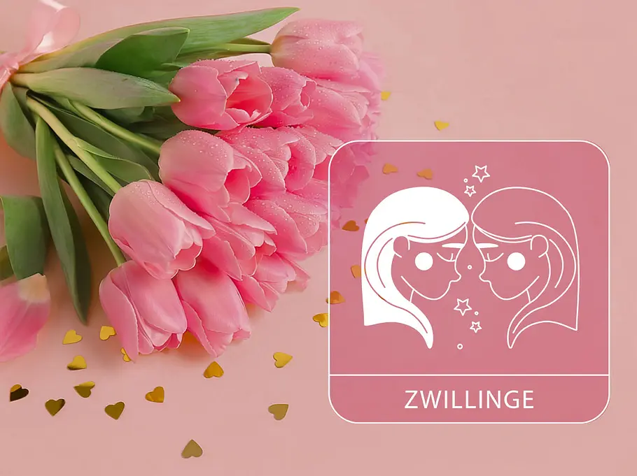 Sternzeichen Zwillinge neben einem pinken Tulpenstrauß vor einem pinken Hintergrund