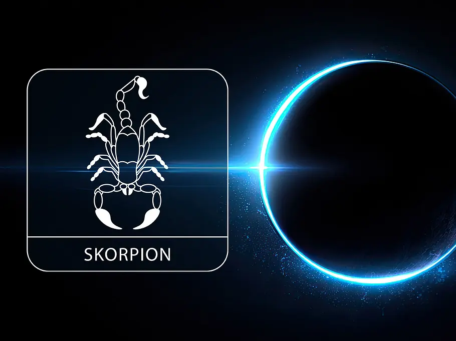 Sternzeichen Skorpion neben einem kosmischen leuchtend blauen Kreis vor einem schwarzen Hintergrund