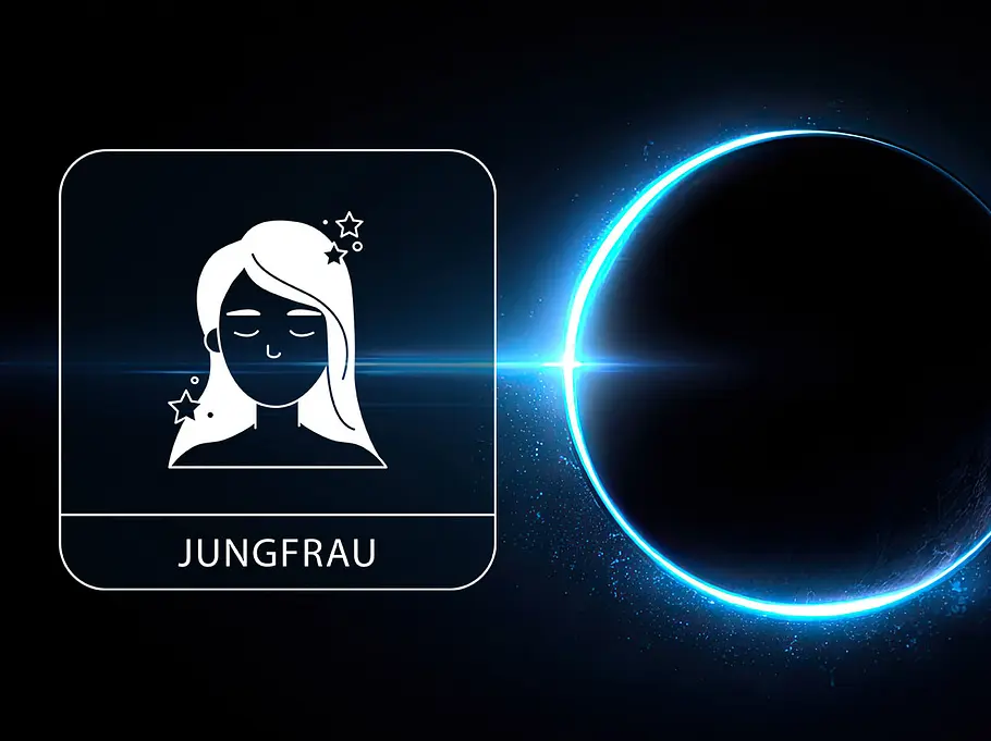 Sternzeichen Jungfrau neben einem kosmischen leuchtend blauen Kreis vor einem schwarzen Hintergrund