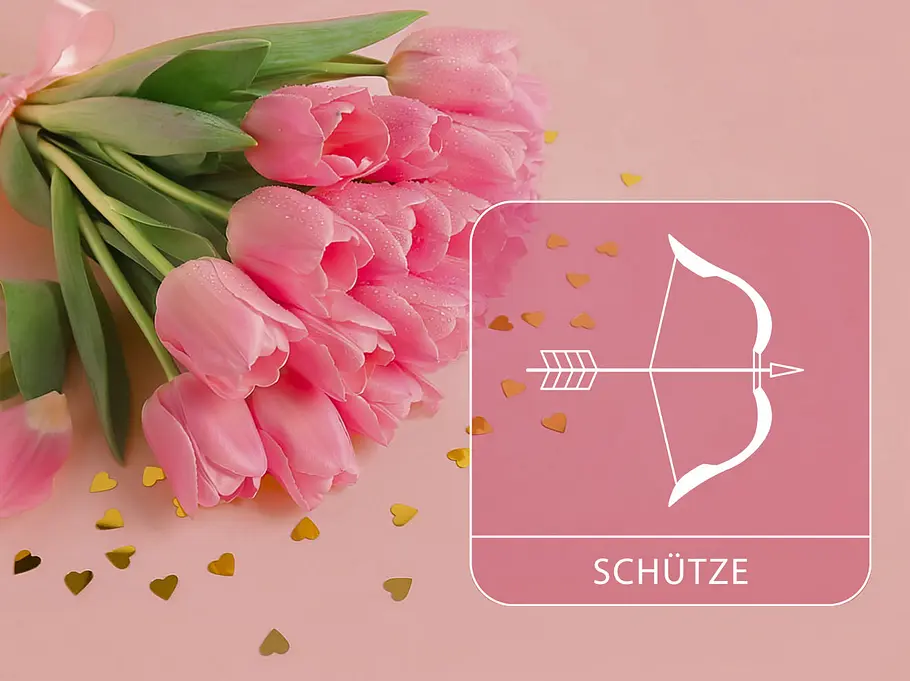 Sternzeichen Schütze neben einem pinken Tulpenstrauß vor einem pinken Hintergrund