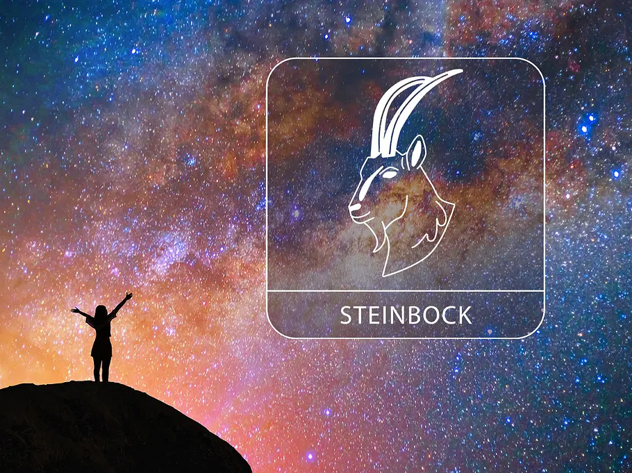 Frau steht mit ausgestreckten Armen auf einem Hügel vor einem bunten galaktischen Hintergrund mit dem Sternzeichen Steinbock