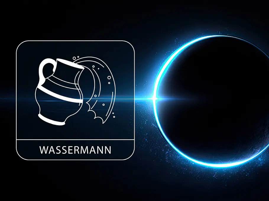 Sternzeichen Wassermann neben einem kosmischen leuchtend blauen Kreis vor einem schwarzen Hintergrund