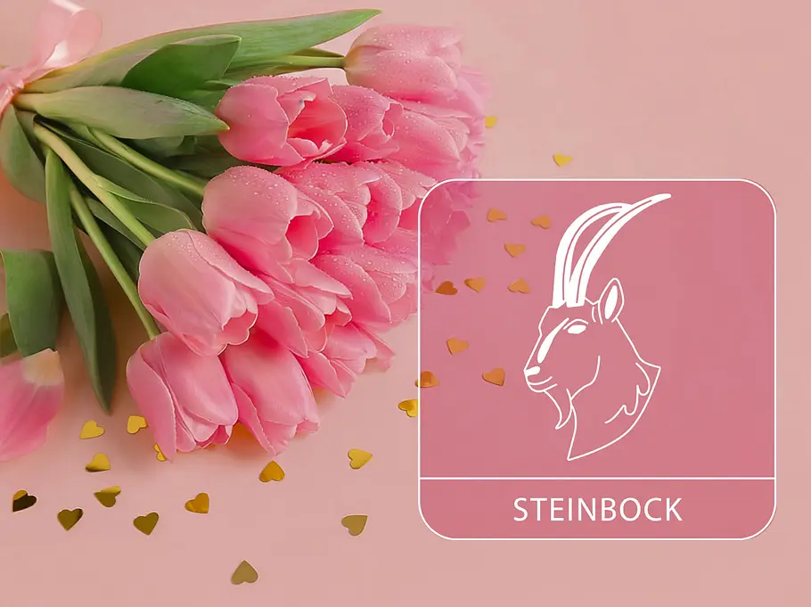 Sternzeichen Steinbock neben einem pinken Tulpenstrauß vor einem pinken Hintergrund
