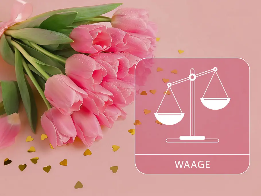 Sternzeichen Waage neben einem pinken Tulpenstrauß vor einem pinken Hintergrund