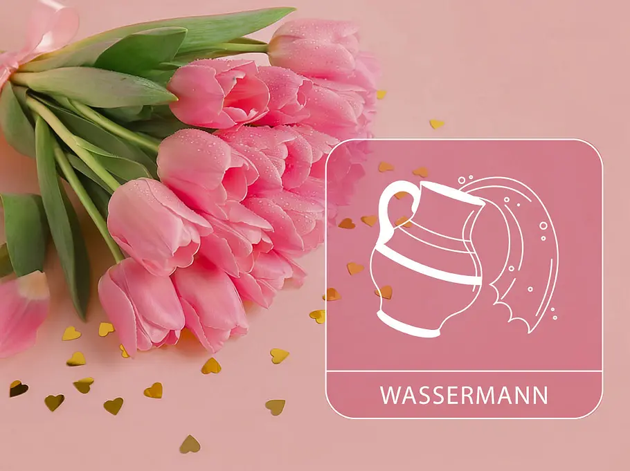 Sternzeichen Wassermann neben einem pinken Tulpenstrauß vor einem pinken Hintergrund