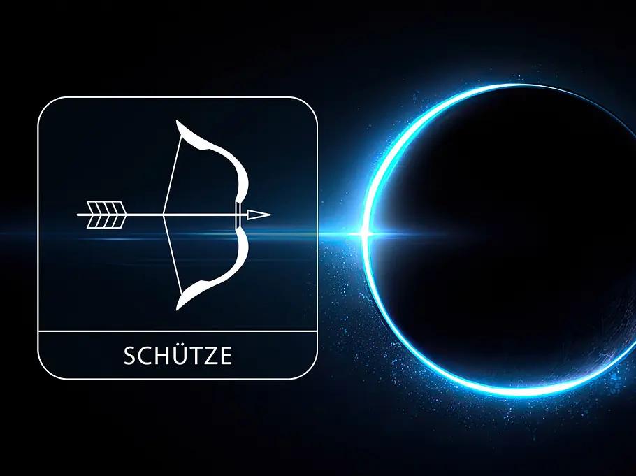 Sternzeichen Schütze neben einem kosmischen leuchtend blauen Kreis vor einem schwarzen Hintergrund