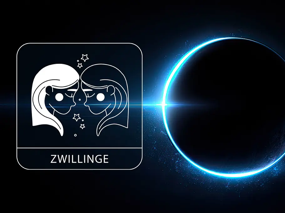 Sternzeichen Zwillinge neben einem kosmischen leuchtend blauen Kreis vor einem schwarzen Hintergrund