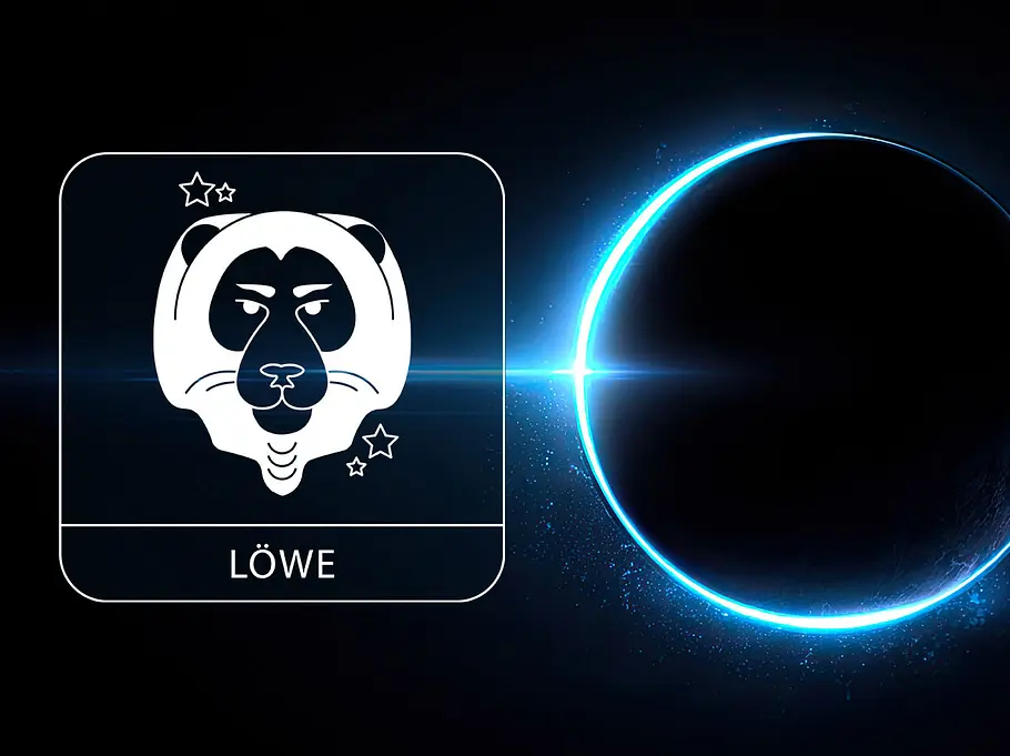 Sternzeichen Löwe neben einem kosmischen leuchtend blauen Kreis vor einem schwarzen Hintergrund