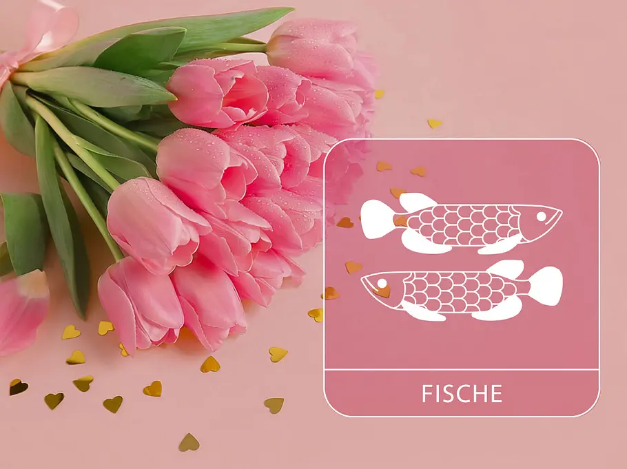 Sternzeichen Fische neben einem pinken Tulpenstrauß vor einem pinken Hintergrund