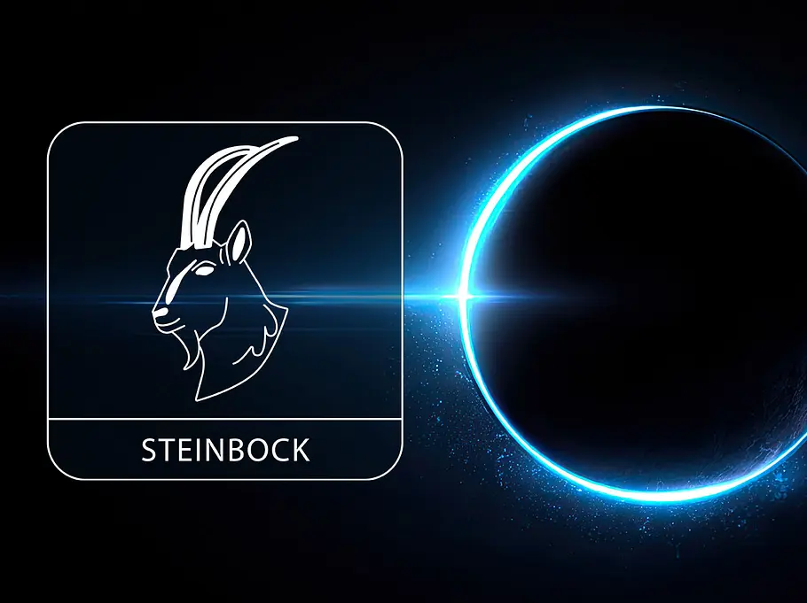 Sternzeichen Steinbock neben einem kosmischen leuchtend blauen Kreis vor einem schwarzen Hintergrund