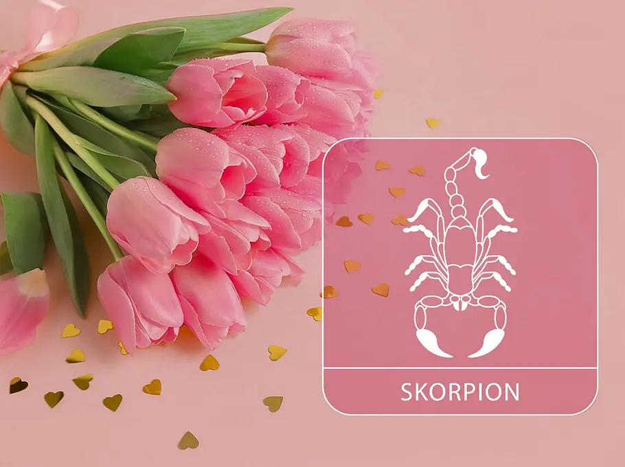 Sternzeichen Skorpion neben einem pinken Tulpenstrauß vor einem pinken Hintergrund