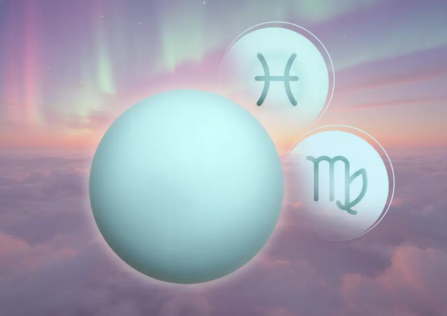 Planet Uranus vor einer Wolkenwild mit den Symbolen für die Sternzeichen Jungfrau und Fische
