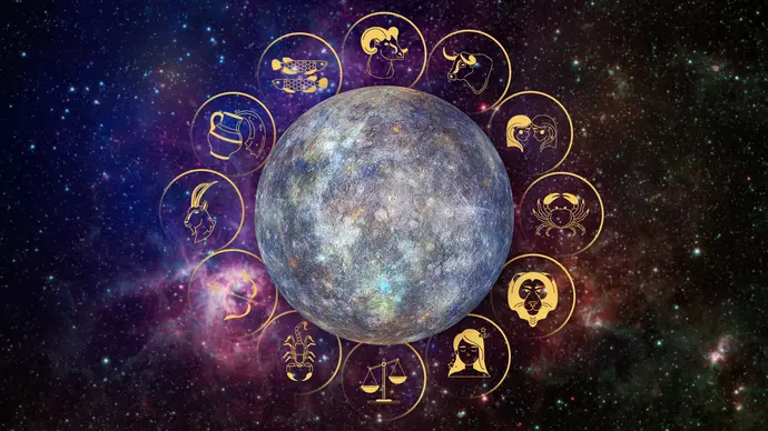 Planet Merkur, der Jahresherrscher 2026, umgeben von den zwölf Sternzeichensymbolen im Kreis angeordnet - Foto: Foto: Collage von Astrowoche.de (Dominica Zaborowski) & iStock (Nerthuz /libre de droit) & Adobe Stock (Maximusdn)