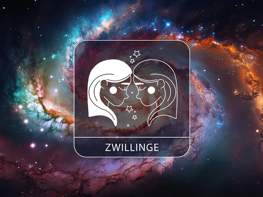 Sternzeichen Zwillinge vor einem galaktischen Hintergrund