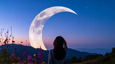Eine Frau im weißen Kleid blickt zu einem Neumond am Nachthimmel - Foto: AdobeFirefly (generiert mit KI)