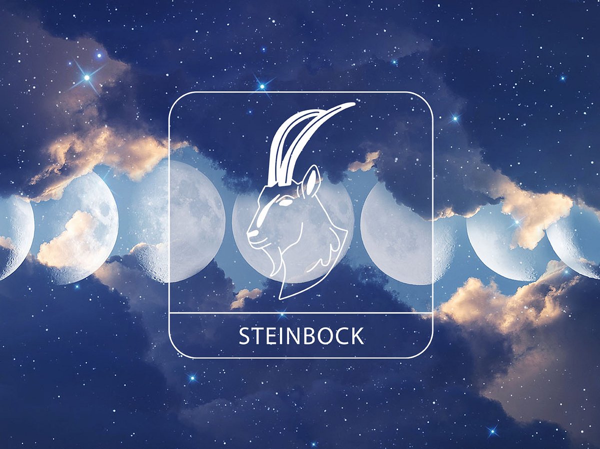 Sternzeichen Steinbock vor einem glitzernden Wolkenhimmel mit den Mondphasen