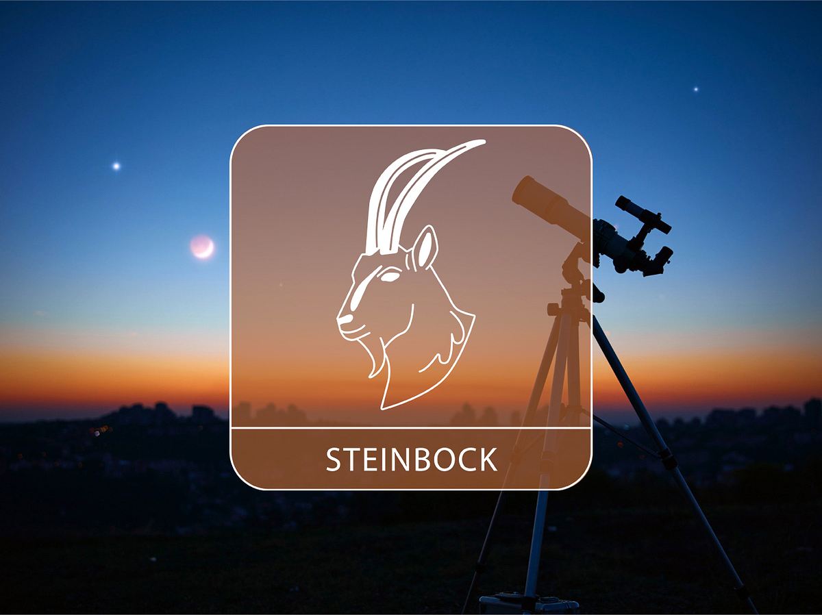 Teleskop unter Dämmerungshimmel mit Steinbock-Symbol