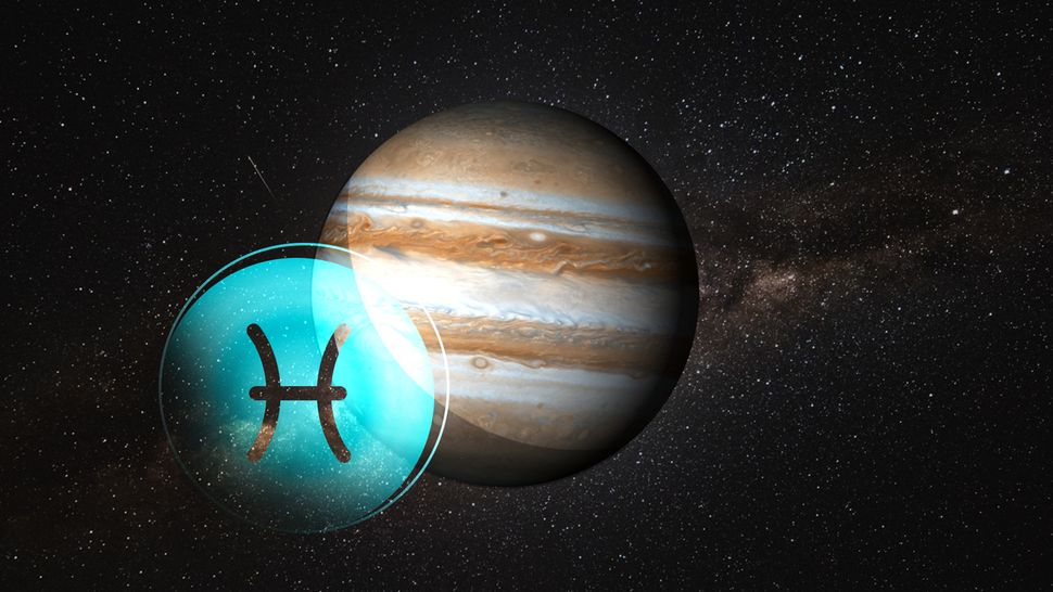 Planet Jupiter und das Symbol vom Sternzeichen Zwillinge im Weltall - Foto: Astrowoche.de (Lena Matrosova) & iStock (Ploystock)