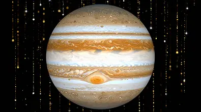 Planet Jupiter umgeben von Goldregen - Foto: AdobeFirefly (generiert mit KI)