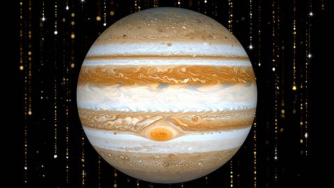 Planet Jupiter umgeben von Goldregen - Foto: AdobeFirefly (generiert mit KI)