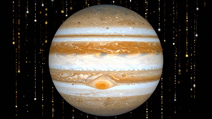 Planet Jupiter umgeben von Goldregen - Foto: AdobeFirefly (generiert mit KI)