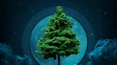 Ein grüner Baum steht vor einem Mond, umringt von keltischen Symbolen. - Foto: Collage von Astrowoche.de (Dominica Zaborowski) & iStock (revel.stockart /  Dimitris66 / guteksk7 / Antagain)